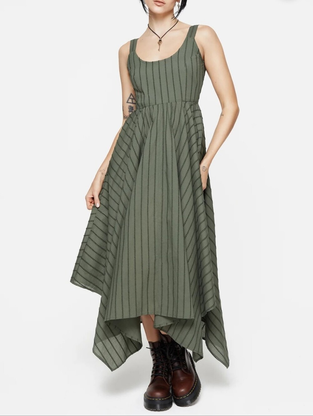 NWT Disturbia Blythe Cotton Handkerchief Hem Midaxi Dress Green Striped Size 6